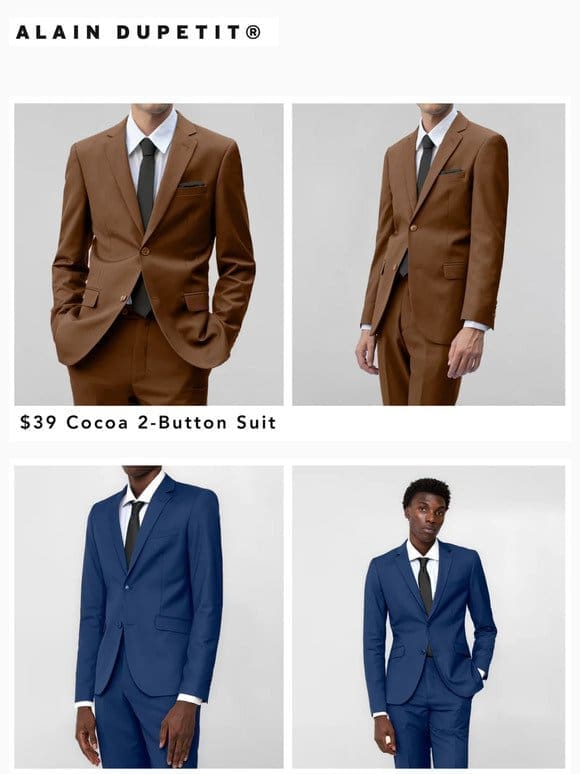 $39 to $69 Suit SALE on Cocoa， Royal， Camel， Green Birdseye