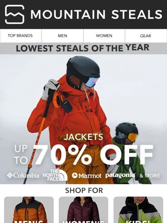 70% off Jackets. Lowest steals of the year.