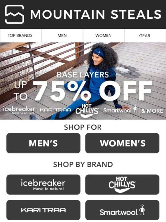 75% off Base Layers – Icebreaker， Smartwool， Hot Chillys & Kari Traa