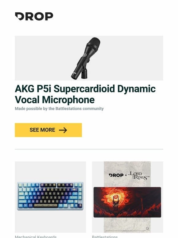 AKG P5i Supercardioid Dynamic Vocal Microphone， Piifox Star Moon Translucent PBT Keycap Set， Drop + The Lord of the Rings™ Barad-dûr™ Desk Mat and more…
