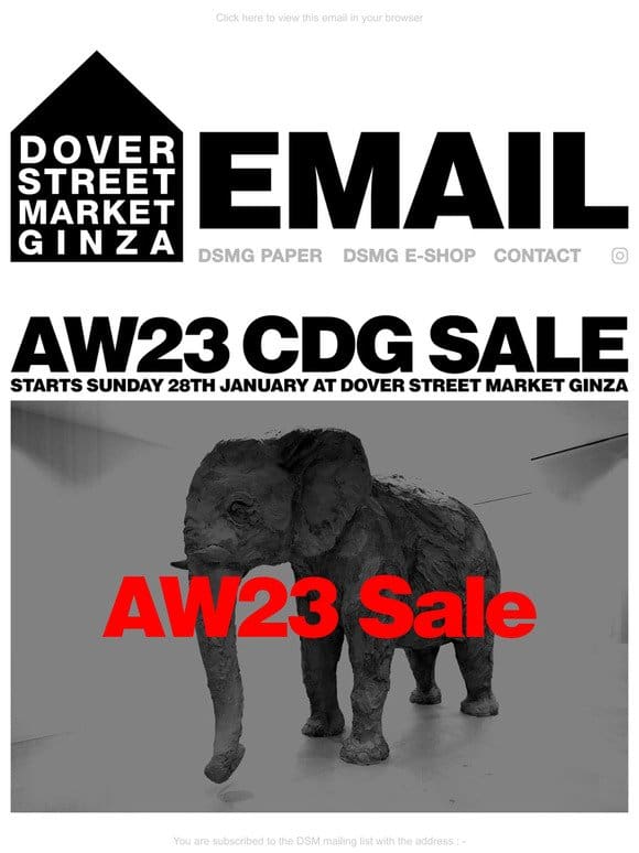AW23 CDG Sale starts Sunday 28th January at Dover Street Market Ginza