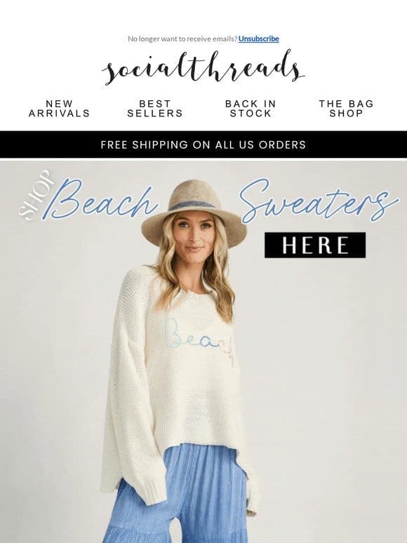 All you need is sandy toes， a sun-kissed nose， & BEACH SWEATERS!  ️