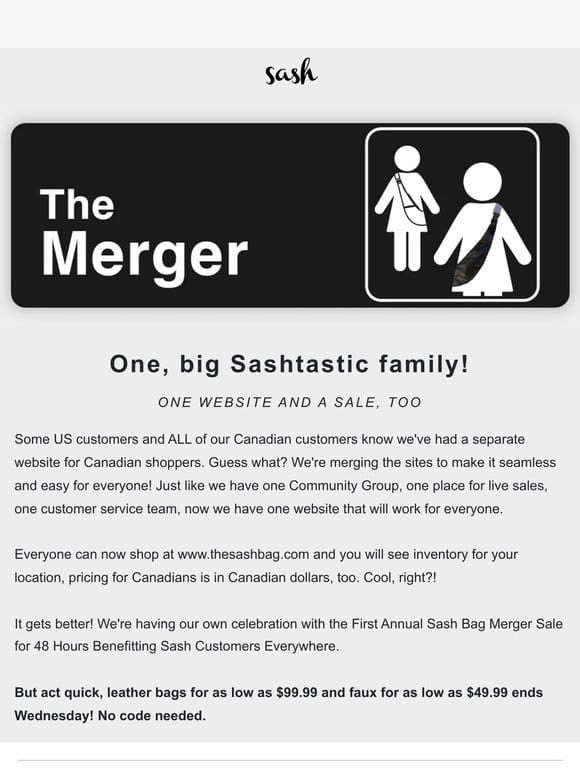 Announcement: Sash Merger Sale Happening Now!