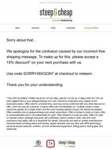 Apologies for Free Shipping Miscommunication