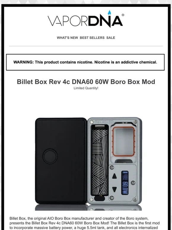 BACK IN STOCK! Billet Box Rev 4c DNA60 60W Boro Box Mod available now!