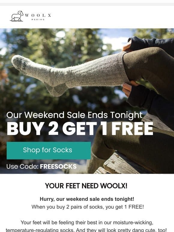 Buy 2 Get 1 Free Sock Sale Ends TONIGHT!