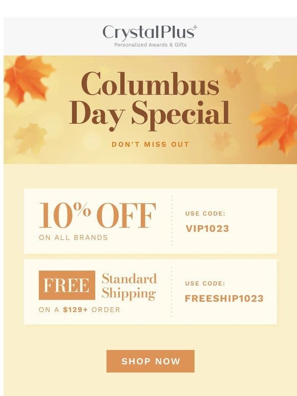 Columbus Day Sale on Personalized Awards and Gifts!