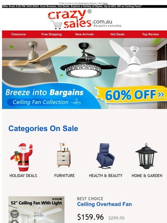 Cool Breezes， Hot Deals: Explore a Variety of Styles， Up to 60% Off on Ceiling Fans!*
