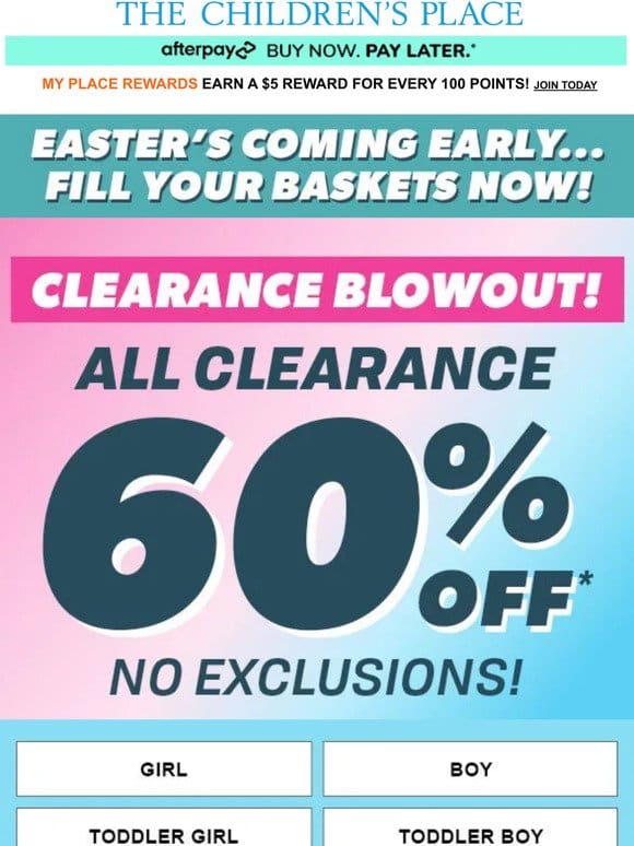 Don’t Miss Out… 60% OFF ALL CLEARANCE (no exclusions)!