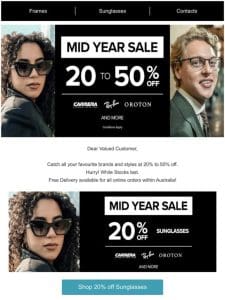 Don’t Miss the Mid Year Sale: 20% – 50% off Frames and Sunglasses