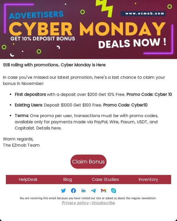 Don’t miss out on Cyber Monday’s final hours! Claim your bonus before it’s too late.