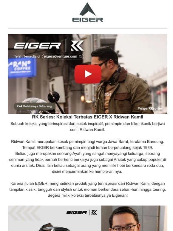 EIGER X Ridwan Kamil: RK Series， Koleksi Riding yang Klasik， Tangguh dan Stylish