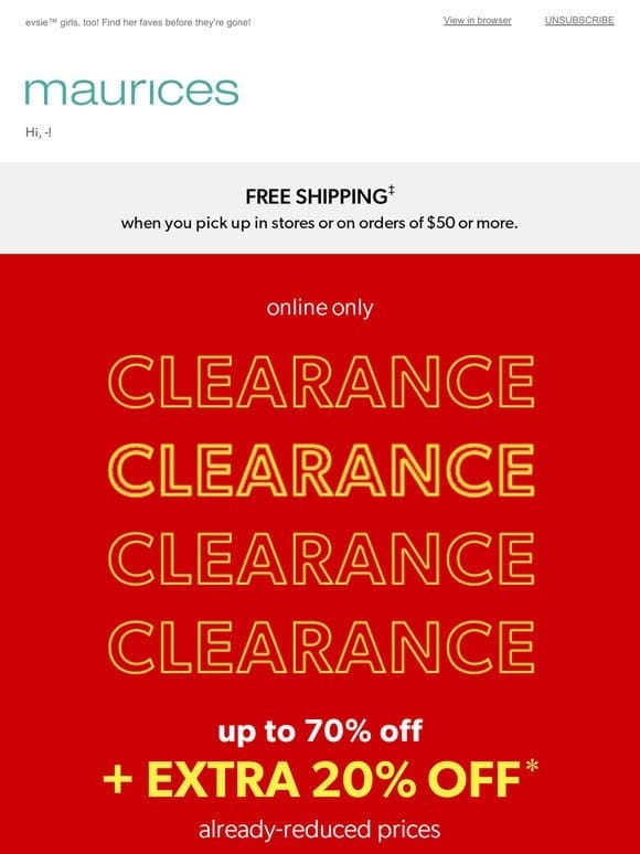 EXTRA 20% off (even more) clearance， right this way
