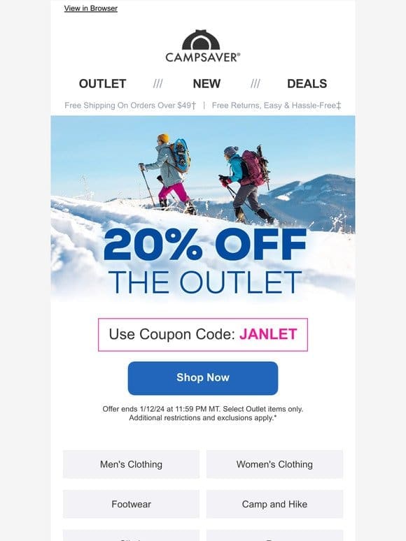 Extra 20% OFF the Outlet Starts Now!