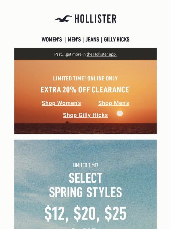 Extra 20% off clearance starts now!