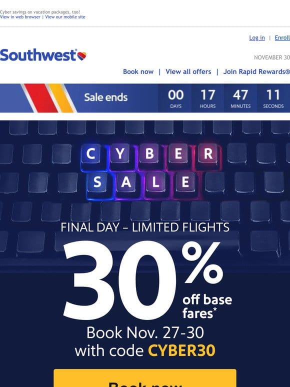 FINAL DAY: 30% off fares powering down today.