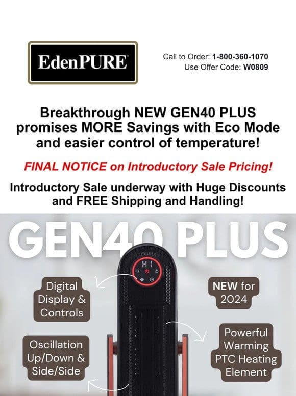 FINAL NOTICE – SALE on EdenPURE’s Newest Heater