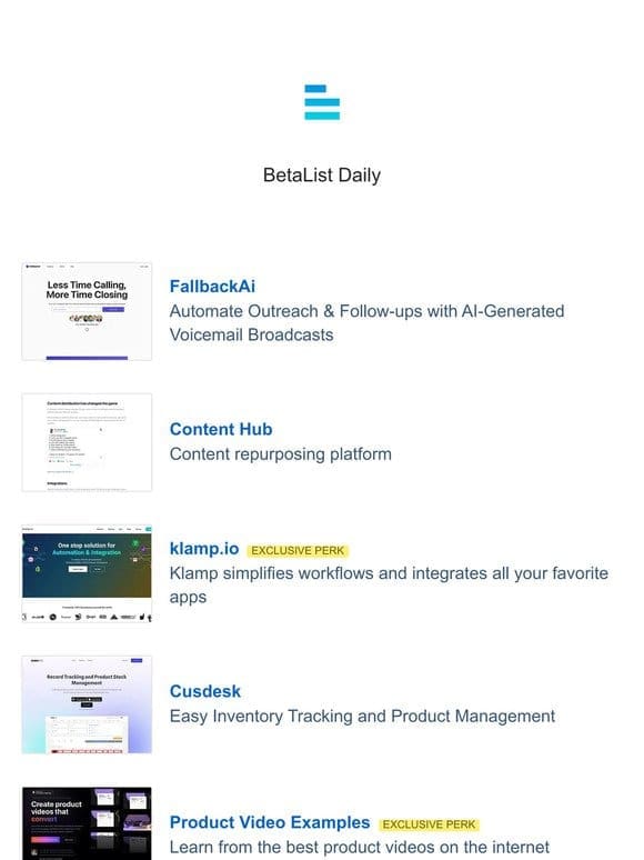 FallbackAi， Cusdesk， klamp.io， Content Hub， and Product Video Examples