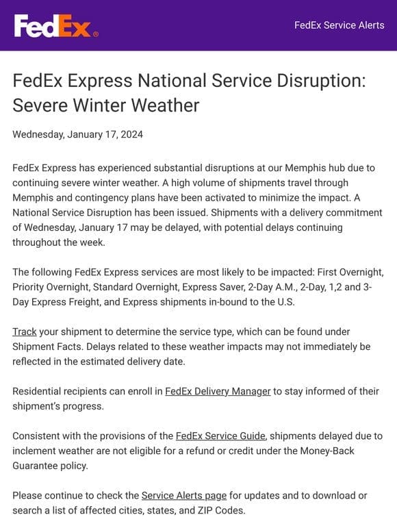 FedEx Express National Service Disruption: Severe Winter Weather