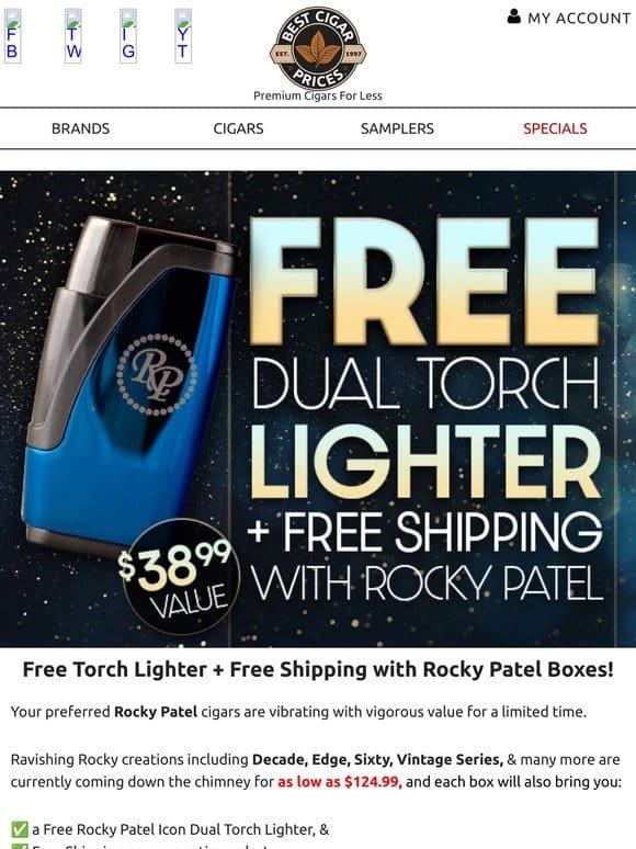 Free Torch Lighter + Free Shipping with Rocky Patel Boxes