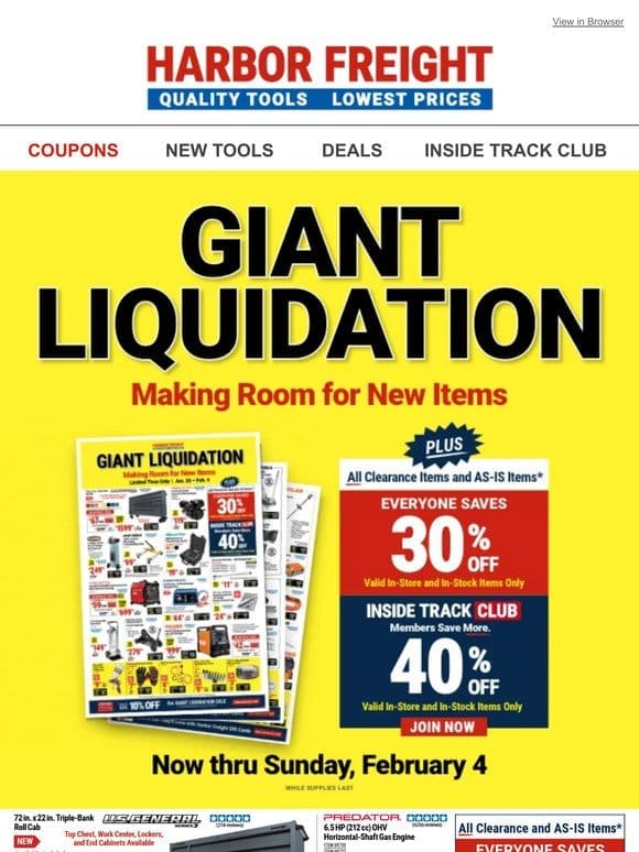 GIANT LIQUIDATION SALE! Get 30% Off All Clearance and As-Is Tools