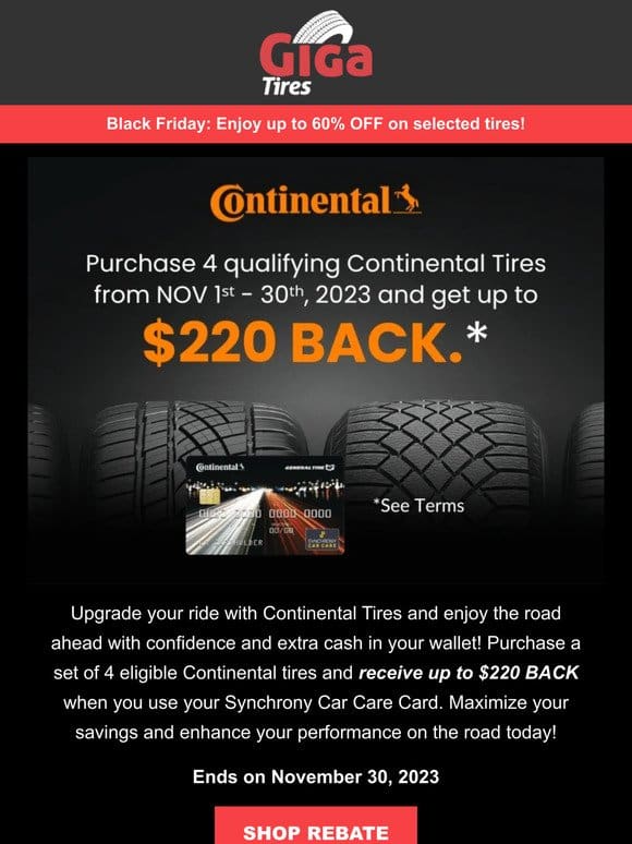 Get yourself Continental Tires – and an up to $220 reward! Time-limited offer!