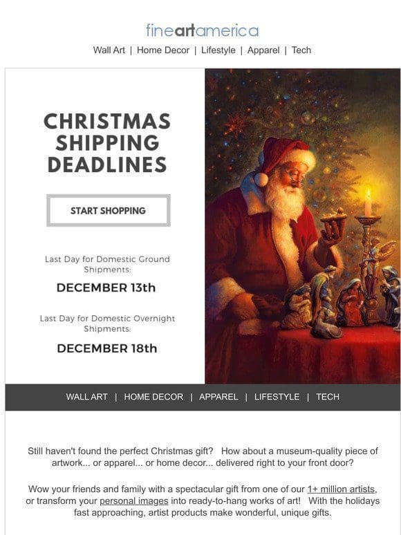 Give the Gift of Art， Apparel， Home Decor， and More – Holiday Shipping Deadlines