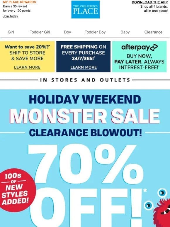 HOLIDAY WEEKEND BLOWOUT: 70% off ALL Clearance In Stores!
