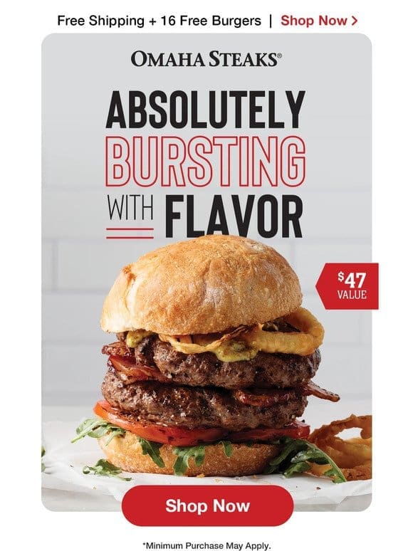 Hey burger lover: 16 FREE burgers + FREE shipping.