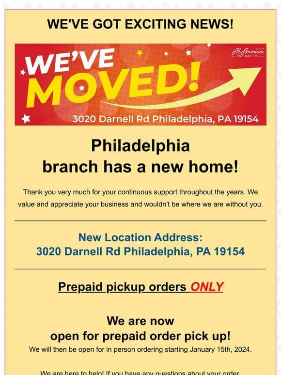 Hi Valued Customer， PA Branch has a new home!  | AA Print Supply Co  ️