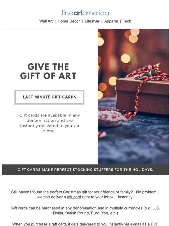 Holiday Procrastinators… How About a Gift Card Delivered Right to Your Inbox?