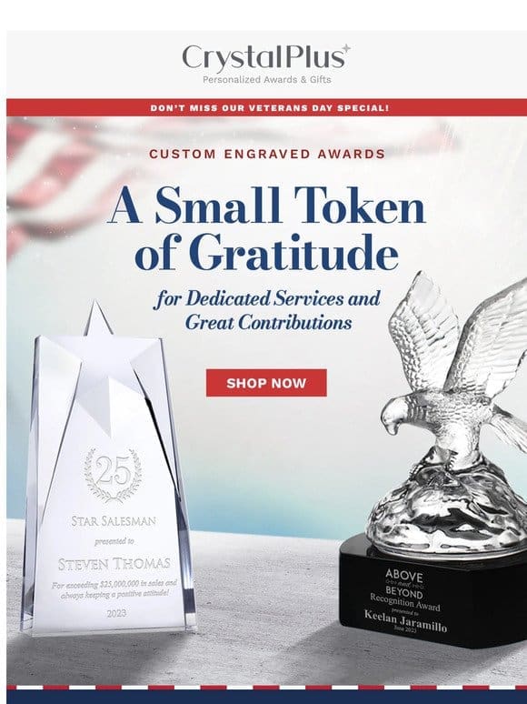 Honor our Veterans With Free Shipping on Crystal Awards and Gifts