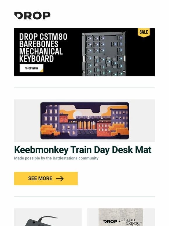 Keebmonkey Train Day Desk Mat， DOIO HITBOX 2.0 KBHX-02 Gaming Console Controller， Drop + The Lord of the Rings™ Rohan™ Keyboard and more…