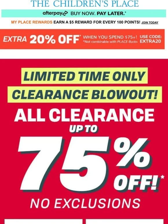 LIMITED TIME: up to 75% off ALL CLEARANCE + EXTRA 20% off your order!