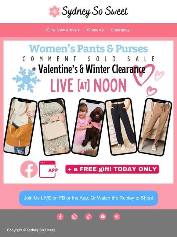 LIVE at Noon – Women’s Purses & Pants + Clearance!   –>
