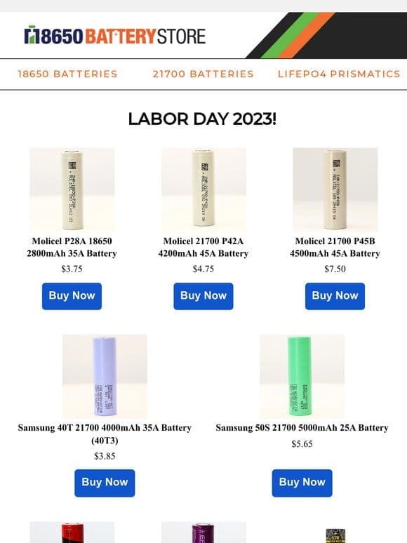 Labor Day 2023 Sale – Molicel， Samsung， EVE LiFePO4 and more!