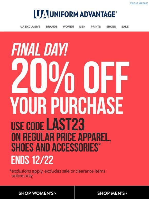 Last Chance! 20% off your purchase SITEWIDE*