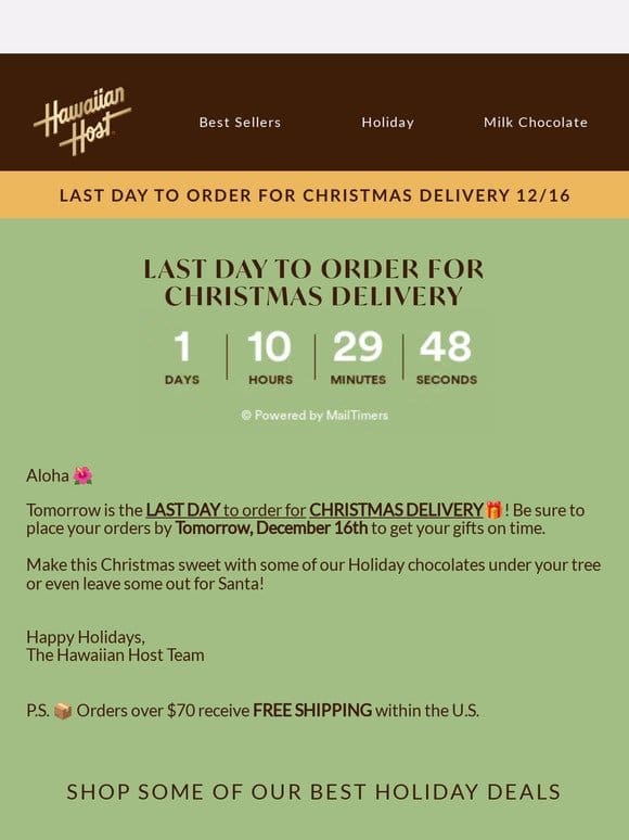 Last day to order for Christmas delivery is 12/16