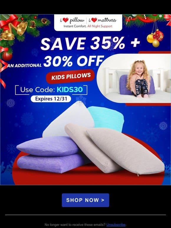 Last minute holiday savings on Kids Pillows!