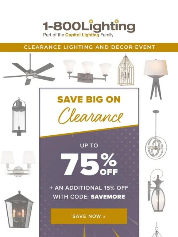 Limited Stock! Up to 75% off clearance lighting & décor