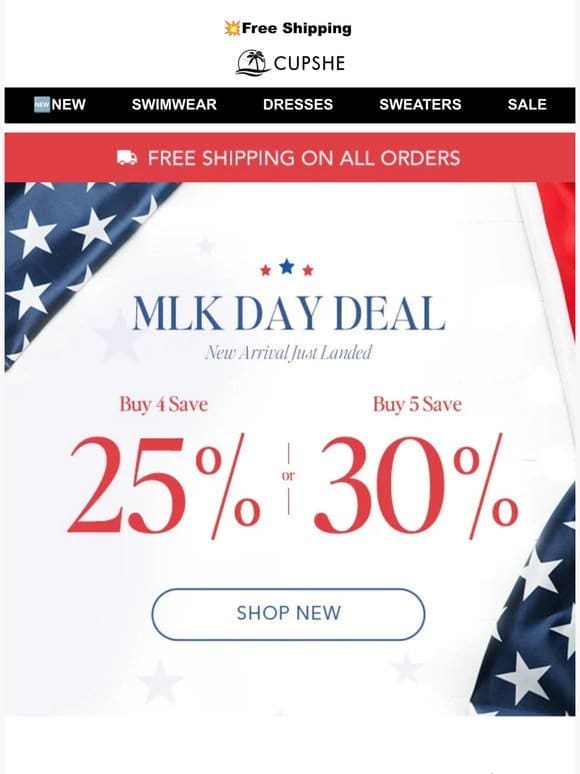 MLK Day Sale: Free Shipping & Extra 30% OFF