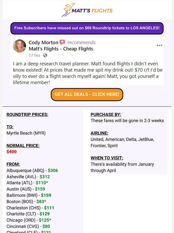MYRTLE BEACH Starting at $63 Roundtrip Nonstop