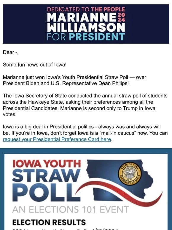 Marianne wins Iowa Youth Straw Poll