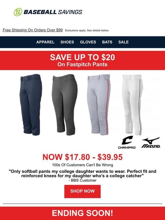 Mizuno， Champro Fastpitch Pants Discounted Further! Save Up To $20!