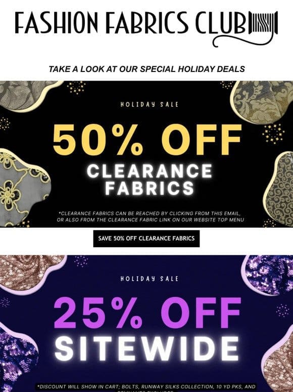 More Holiday Deals Added ✨ Save 50% Off Clearance Fabrics