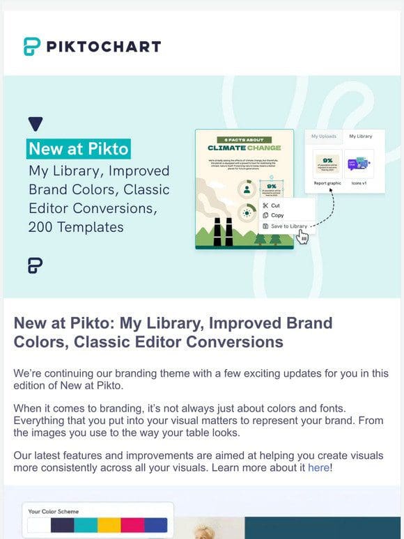 New at Pikto: My Library， Improved Brand Colors， Classic Editor Conversions， 200 Templates