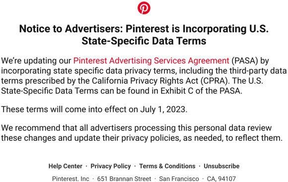 Notice to Advertisers: Pinterest is Incorporating U.S. State-Specific Data Terms