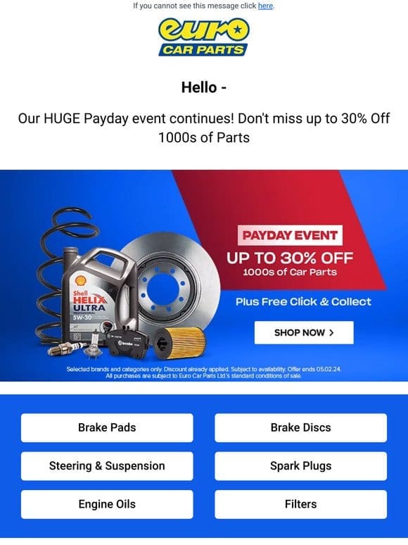 Payday Perks – Up To 30% Off 1000’s Of Car Parts!