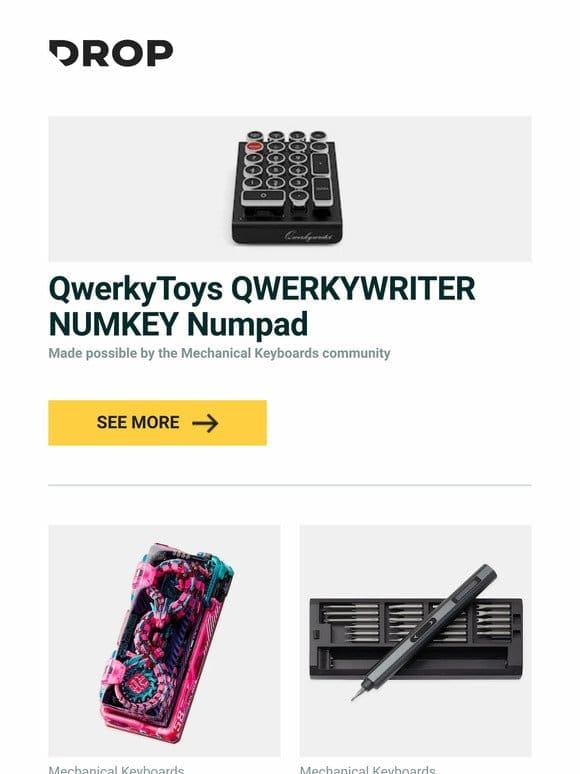 QwerkyToys QWERKYWRITER NUMKEY Numpad， Dwarf Factory Mc.Long Mecha Artisan Keycap， Keebmonkey Electric Precision Screwdriver and more…