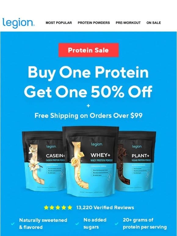 [SALE] BOGO 50% off on all protein powders!